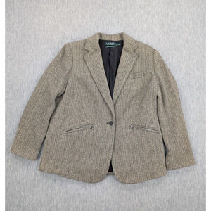 Lauren Ralph Lauren Blazer Womens 14W Brown Herringbone Wool Blend Italy Classic